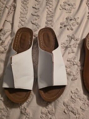 Women's White Slide Mules with Brown Footbed